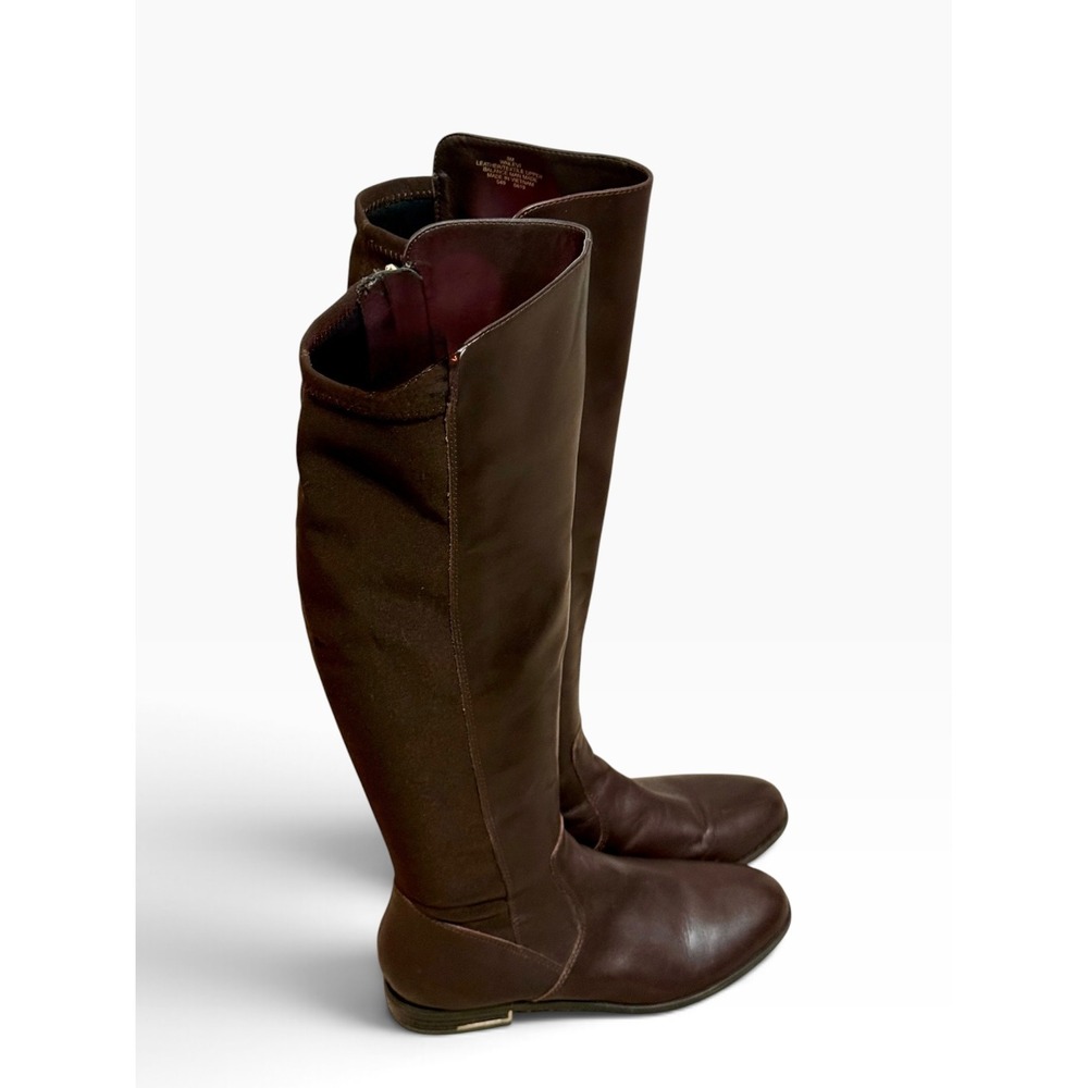 Nine West Levi Dark Brown Leather Tall Riding Boots Women Sz 8M Stretch Panels - Picture 3 of 11